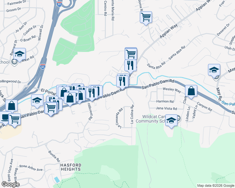 map of restaurants, bars, coffee shops, grocery stores, and more near 4036 San Pablo Dam Road in El Sobrante