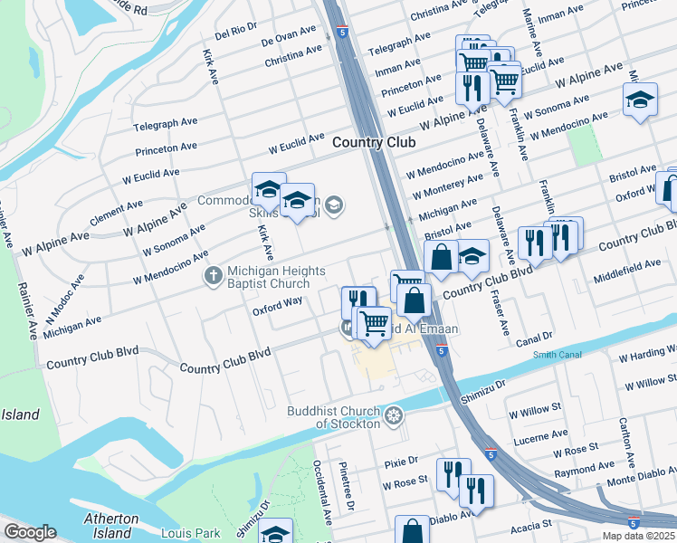 map of restaurants, bars, coffee shops, grocery stores, and more near 2824 Bristol Avenue in Stockton