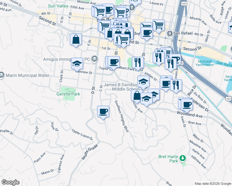 map of restaurants, bars, coffee shops, grocery stores, and more near 19 Oak Avenue in San Rafael