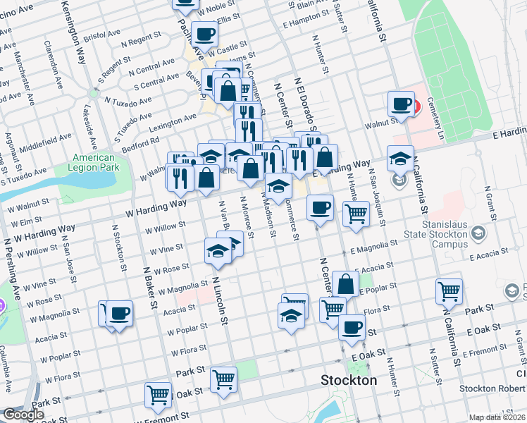 map of restaurants, bars, coffee shops, grocery stores, and more near 1319 North Madison Street in Stockton