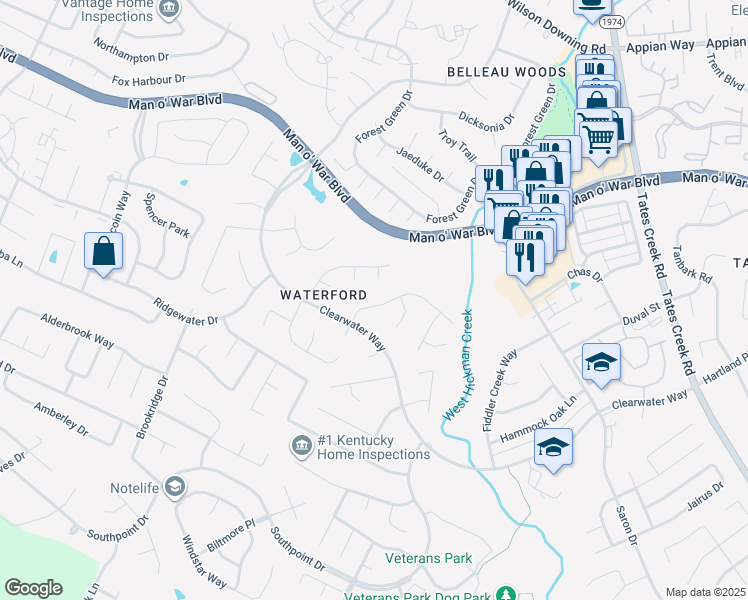 map of restaurants, bars, coffee shops, grocery stores, and more near 725 Rainwater Drive in Lexington