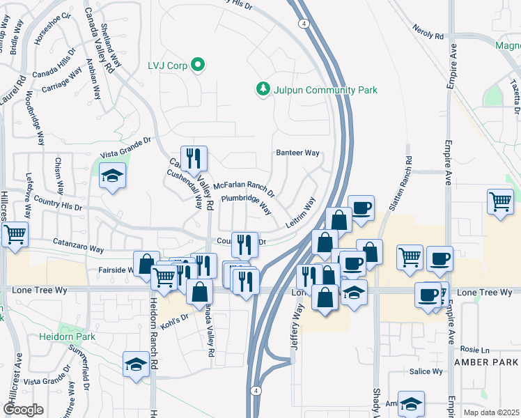map of restaurants, bars, coffee shops, grocery stores, and more near 5585 Plumbridge Way in Antioch