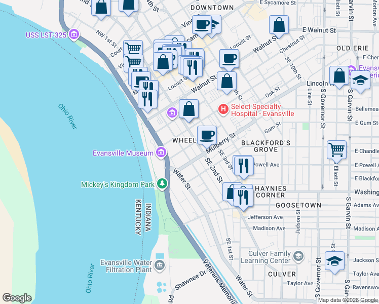 map of restaurants, bars, coffee shops, grocery stores, and more near 602 Southeast 1st Street in Evansville