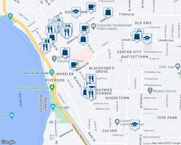 map of restaurants, bars, coffee shops, grocery stores, and more near 403 Chandler Avenue in Evansville