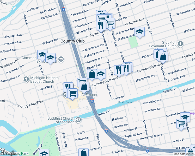 map of restaurants, bars, coffee shops, grocery stores, and more near 2433 Country Club Boulevard in Stockton