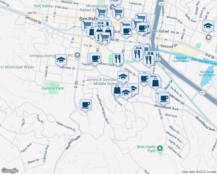 map of restaurants, bars, coffee shops, grocery stores, and more near 47 Roberts Avenue in San Rafael