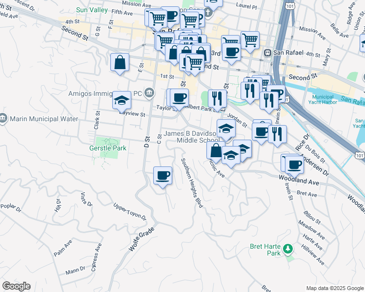 map of restaurants, bars, coffee shops, grocery stores, and more near 19 Oak Avenue in San Rafael