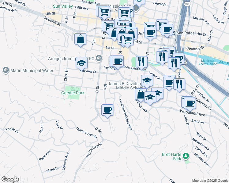 map of restaurants, bars, coffee shops, grocery stores, and more near 19 Oak Avenue in San Rafael