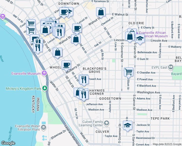 map of restaurants, bars, coffee shops, grocery stores, and more near 36 East Powell Avenue in Evansville