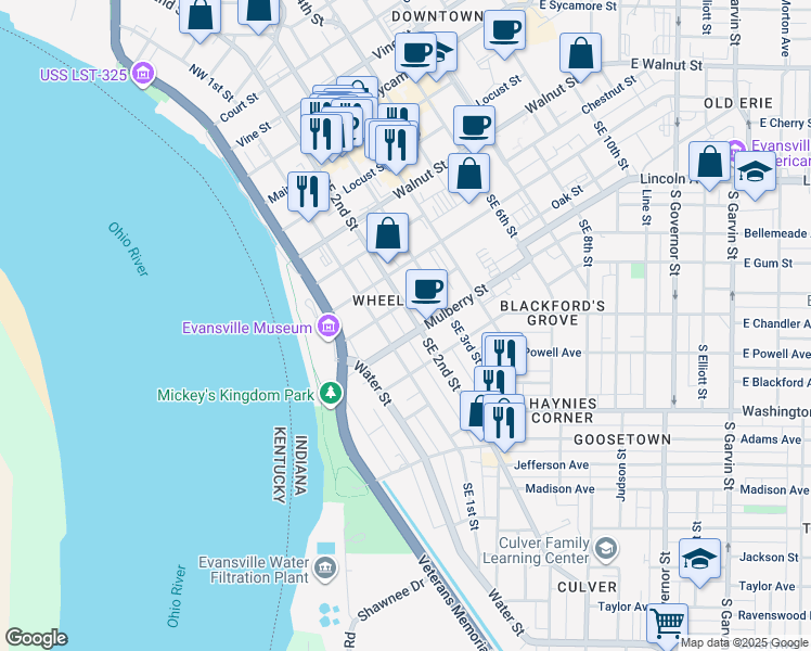 map of restaurants, bars, coffee shops, grocery stores, and more near 602 Southeast 1st Street in Evansville