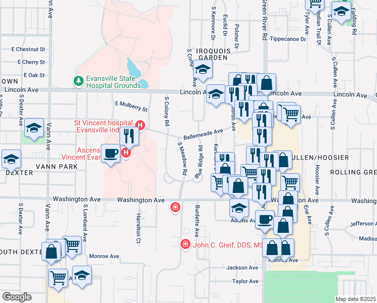 map of restaurants, bars, coffee shops, grocery stores, and more near 740-850 South Meadow Road in Evansville