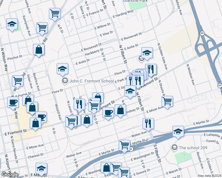 map of restaurants, bars, coffee shops, grocery stores, and more near 2332 East Oak Street in Stockton