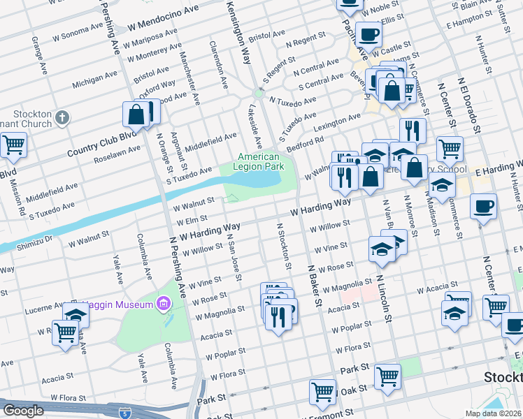 map of restaurants, bars, coffee shops, grocery stores, and more near 946 West Harding Way in Stockton
