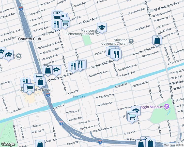 map of restaurants, bars, coffee shops, grocery stores, and more near 2080 Middlefield Avenue in Stockton