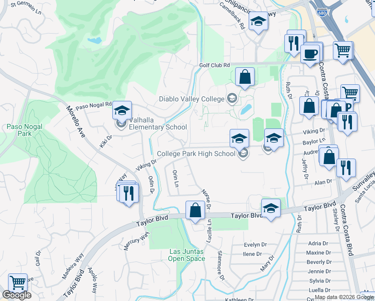 map of restaurants, bars, coffee shops, grocery stores, and more near 2135 Norse Drive in Pleasant Hill