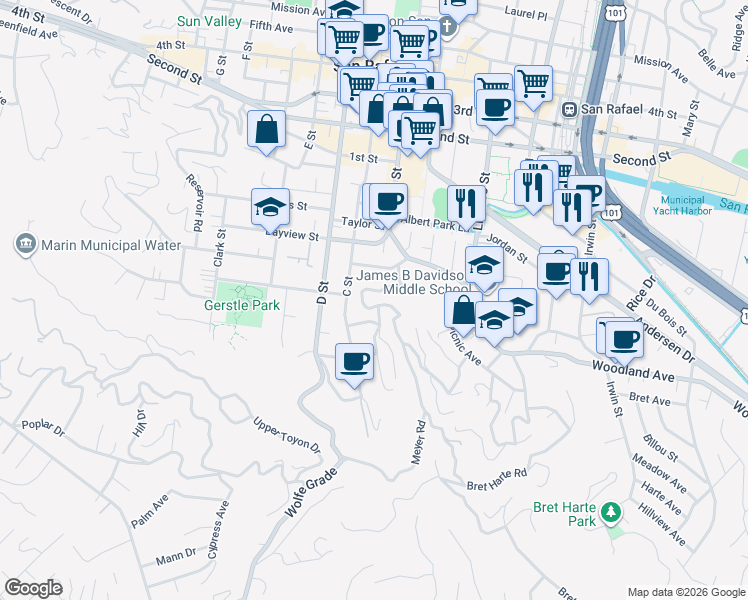 map of restaurants, bars, coffee shops, grocery stores, and more near 19 Oak Avenue in San Rafael