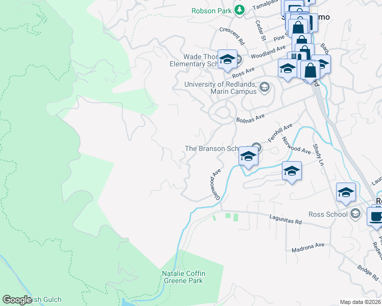 map of restaurants, bars, coffee shops, grocery stores, and more near 40 Upper Road West in San Anselmo
