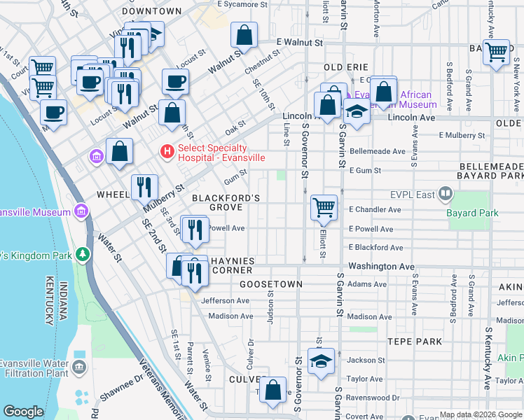 map of restaurants, bars, coffee shops, grocery stores, and more near 826 Southeast 8th Street in Evansville