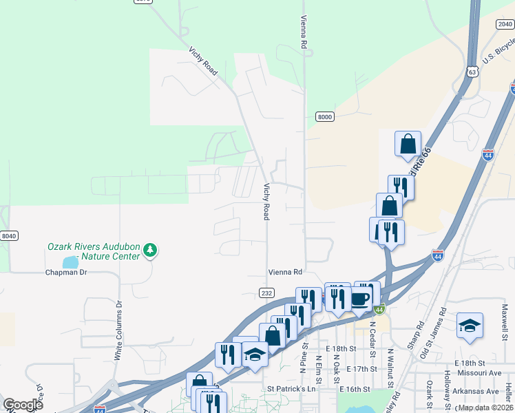 map of restaurants, bars, coffee shops, grocery stores, and more near 60 Marlette Street in Rolla