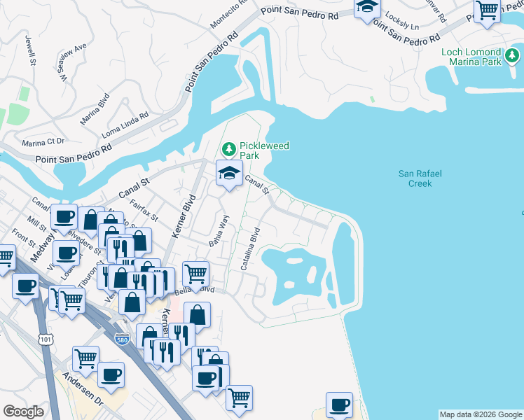 map of restaurants, bars, coffee shops, grocery stores, and more near 102 Catalina Boulevard in San Rafael