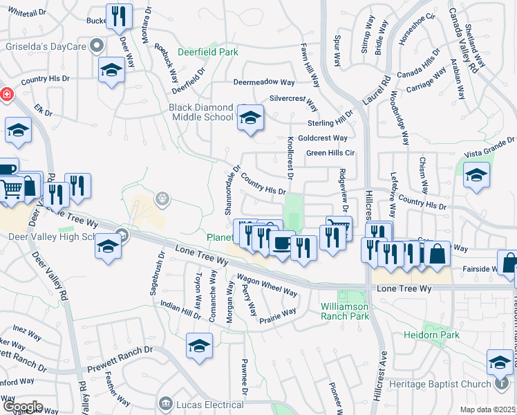 map of restaurants, bars, coffee shops, grocery stores, and more near 4712 Parkland Court in Antioch