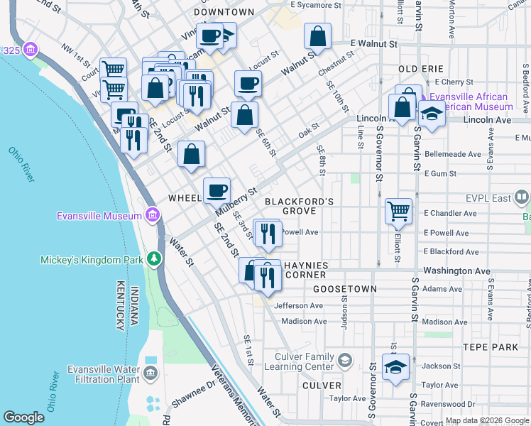 map of restaurants, bars, coffee shops, grocery stores, and more near 6 East Powell Avenue in Evansville