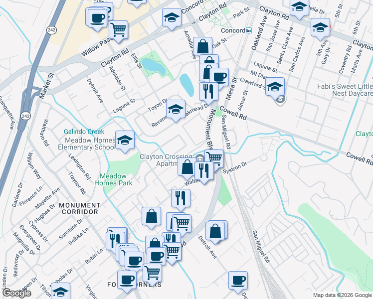 map of restaurants, bars, coffee shops, grocery stores, and more near 2558 Todd Avenue in Concord