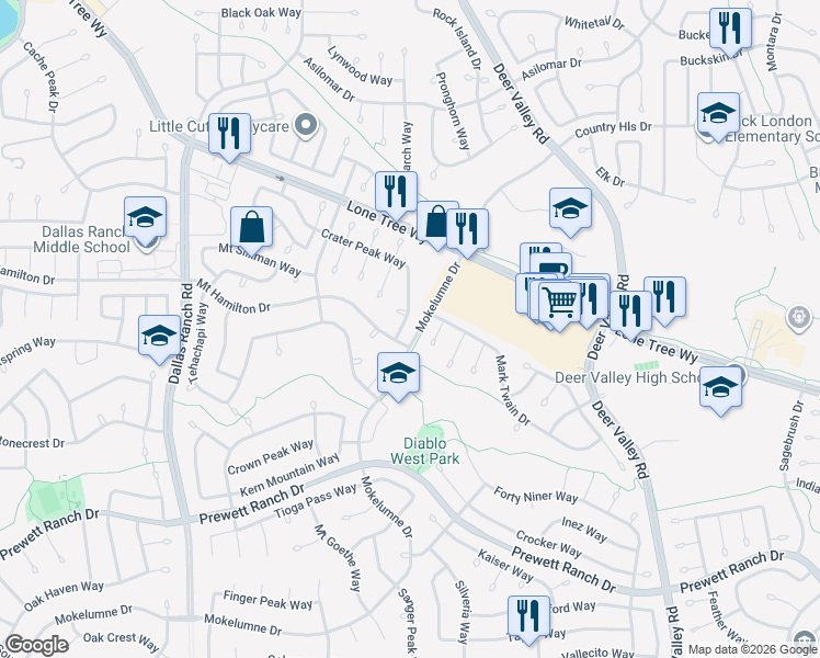 map of restaurants, bars, coffee shops, grocery stores, and more near 2057 Crater Peak Way in Antioch
