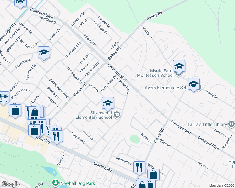 map of restaurants, bars, coffee shops, grocery stores, and more near 4783 Anglewood Court in Concord