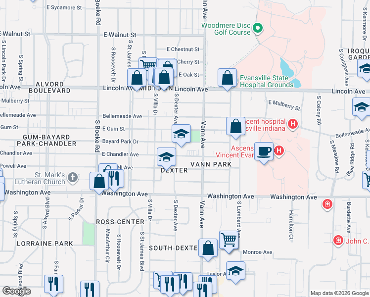 map of restaurants, bars, coffee shops, grocery stores, and more near 3009 East Chandler Avenue in Evansville