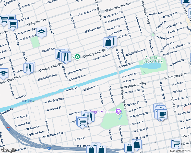 map of restaurants, bars, coffee shops, grocery stores, and more near 1561 West Walnut Street in Stockton