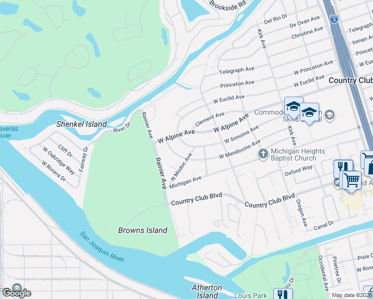 map of restaurants, bars, coffee shops, grocery stores, and more near 3539 West Mendocino Avenue in Stockton