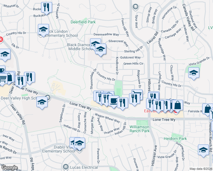 map of restaurants, bars, coffee shops, grocery stores, and more near 4533 Knollpark Circle in Antioch