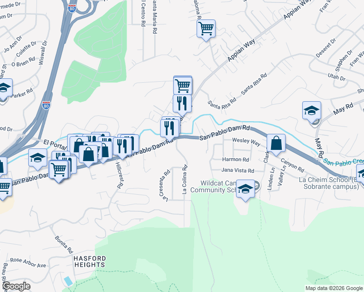 map of restaurants, bars, coffee shops, grocery stores, and more near 4010 La Colina Road in El Sobrante
