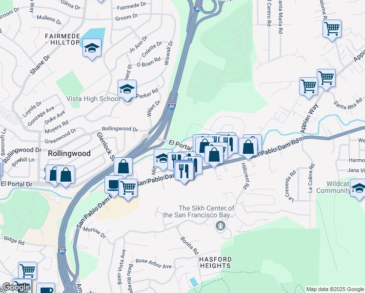 map of restaurants, bars, coffee shops, grocery stores, and more near 3498 El Portal Drive in Richmond