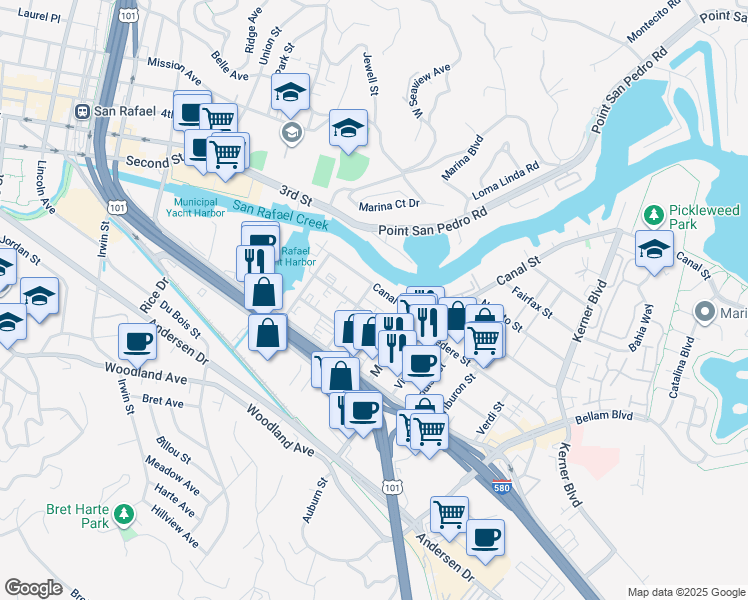 map of restaurants, bars, coffee shops, grocery stores, and more near 30 Mill Street in San Rafael
