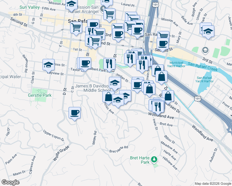 map of restaurants, bars, coffee shops, grocery stores, and more near 254 Woodland Avenue in San Rafael