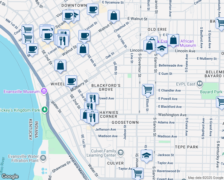 map of restaurants, bars, coffee shops, grocery stores, and more near 824 Southeast 826 Eighth Street in Evansville