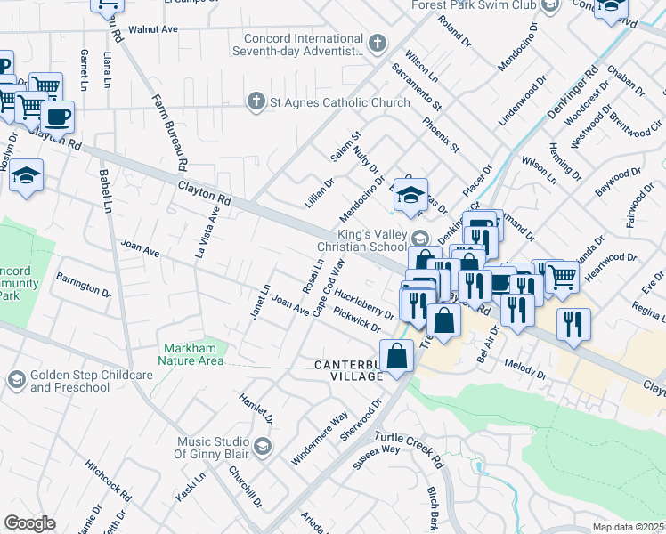 map of restaurants, bars, coffee shops, grocery stores, and more near 1467 Cape Cod Way in Concord