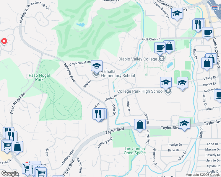 map of restaurants, bars, coffee shops, grocery stores, and more near 511 Freya Way in Pleasant Hill