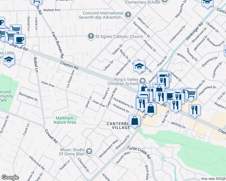 map of restaurants, bars, coffee shops, grocery stores, and more near 1467 Cape Cod Way in Concord