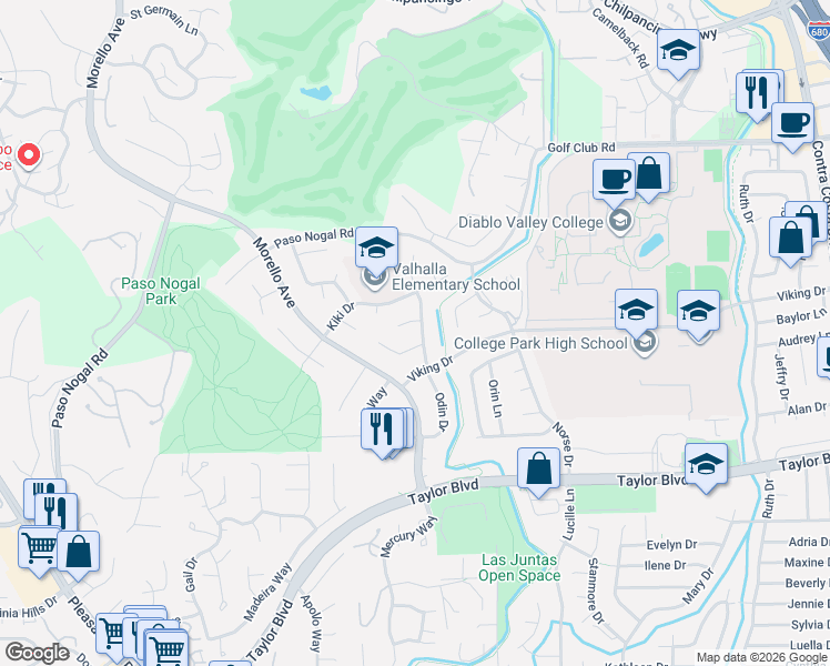 map of restaurants, bars, coffee shops, grocery stores, and more near 458 Odin Drive in Pleasant Hill