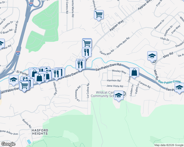 map of restaurants, bars, coffee shops, grocery stores, and more near 4174 San Pablo Dam Road in El Sobrante