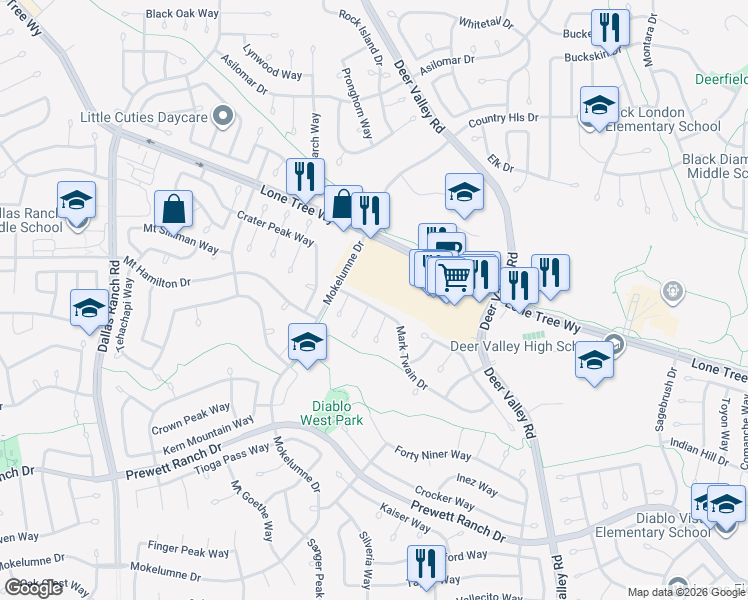 map of restaurants, bars, coffee shops, grocery stores, and more near 2201 Mark Twain Drive in Antioch