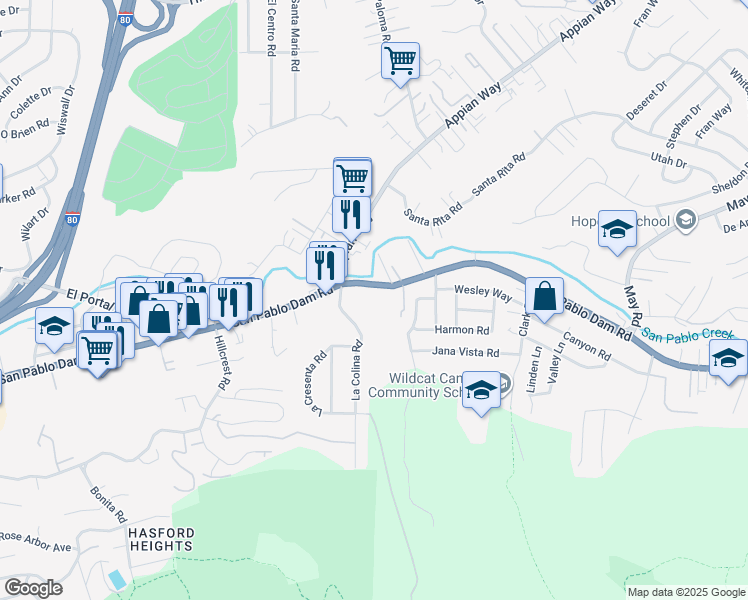 map of restaurants, bars, coffee shops, grocery stores, and more near 4174 San Pablo Dam Road in El Sobrante
