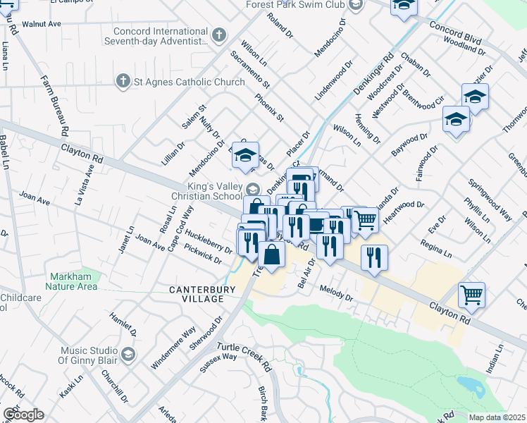 map of restaurants, bars, coffee shops, grocery stores, and more near 4265 Clayton Road in Concord