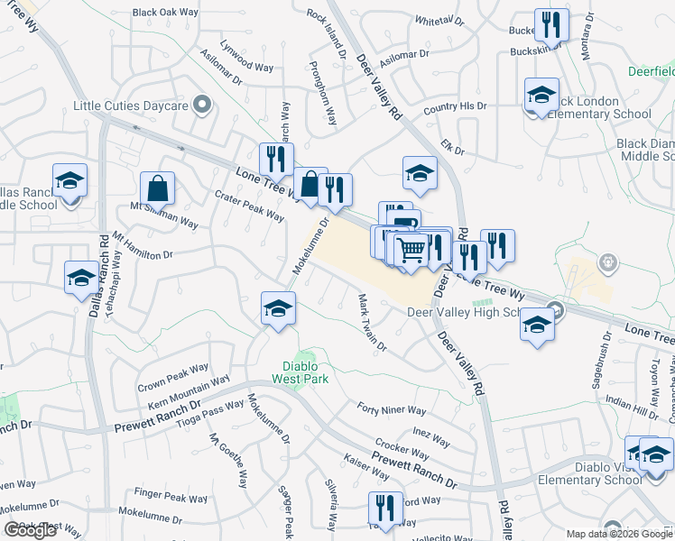 map of restaurants, bars, coffee shops, grocery stores, and more near 2201 Mark Twain Drive in Antioch