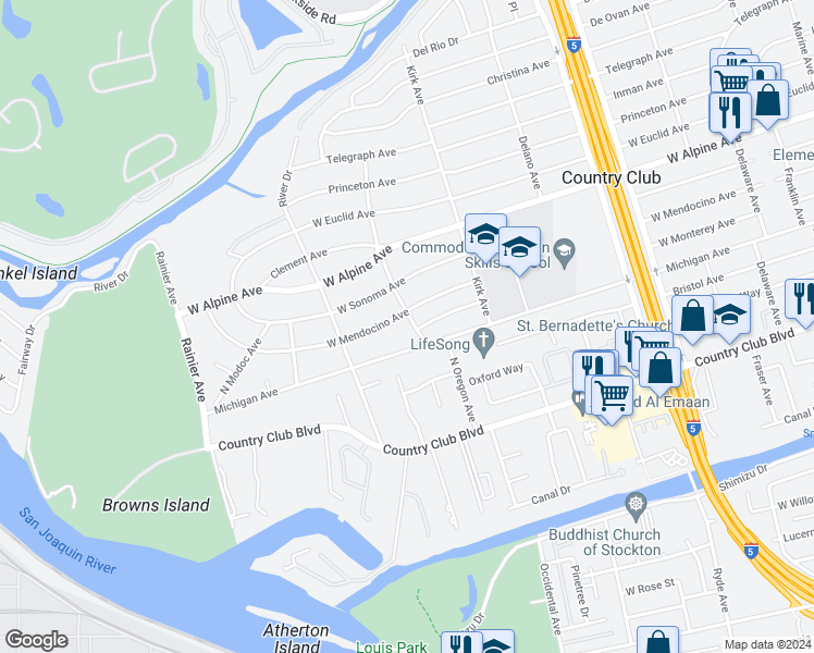 map of restaurants, bars, coffee shops, grocery stores, and more near 2939 North Wallace Avenue in Stockton