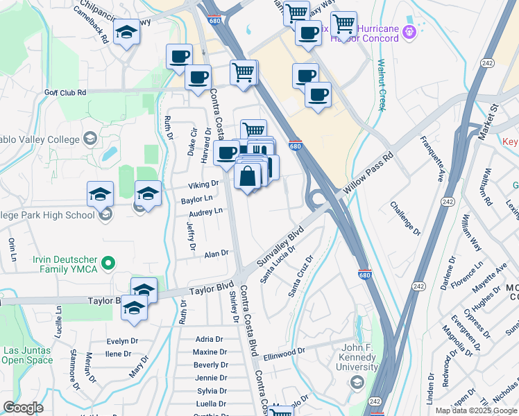 map of restaurants, bars, coffee shops, grocery stores, and more near 422 Sun Valley Mall in Concord