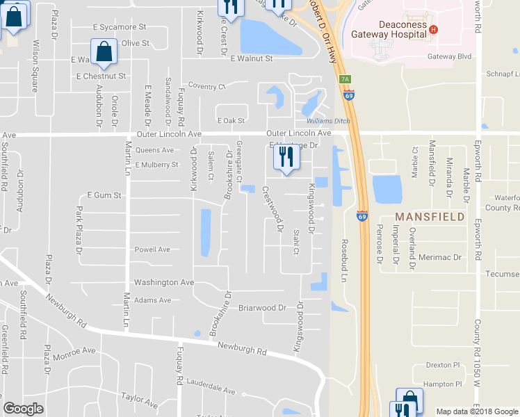 map of restaurants, bars, coffee shops, grocery stores, and more near 8031 Crestwood Court in Evansville